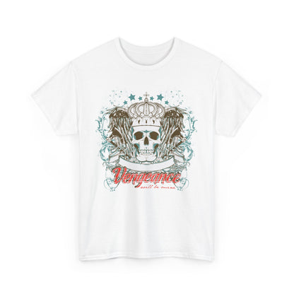 Classic white graphic tee featuring a striking skull crowned with elaborate detail and the word 'Vengeance' in bold red script, merging elegance with bold attire.