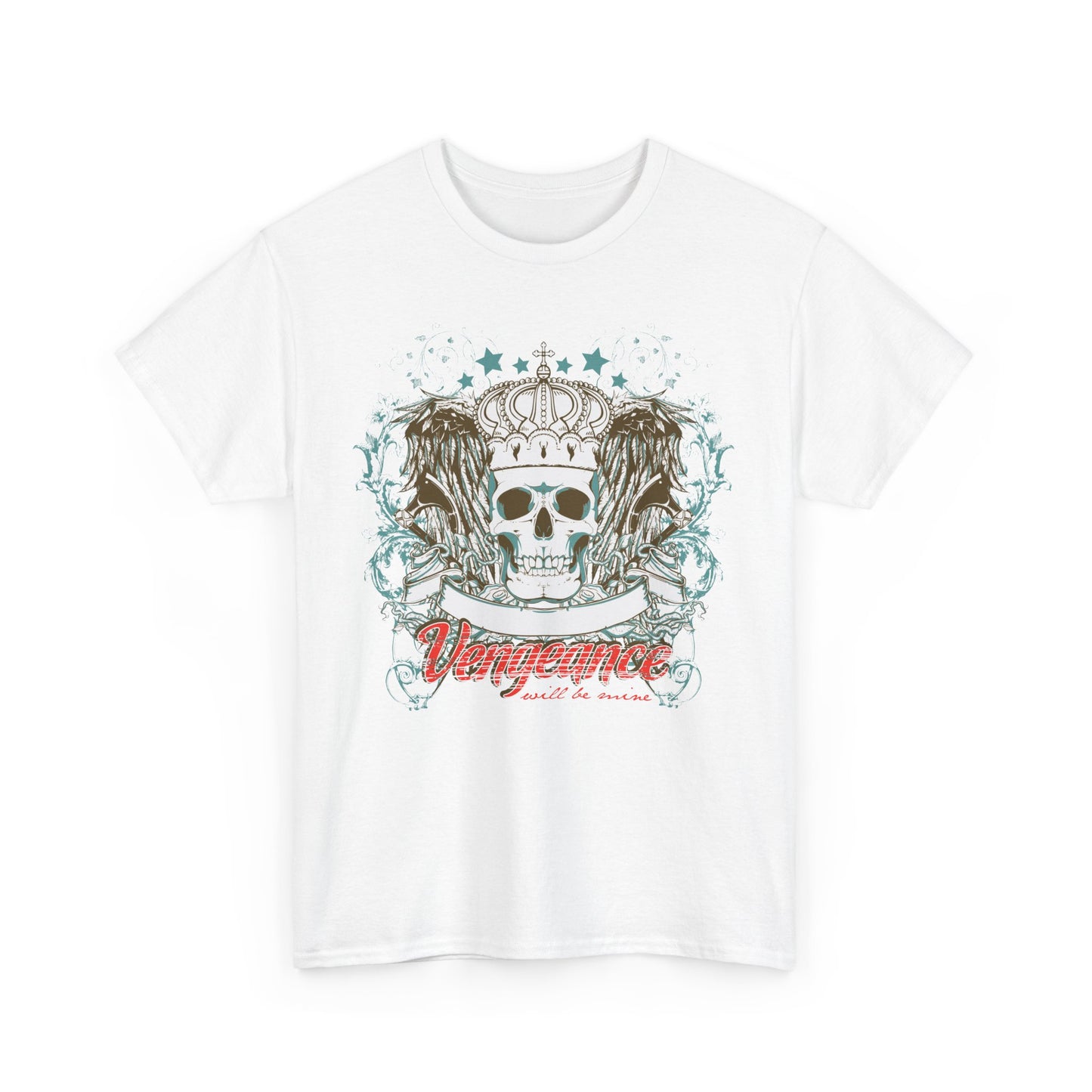 Regal Reaper Skull Crown Tee in white featuring detailed graphic elements including a skull with a crown, wing motifs, and 'Vengeance will be mine' caption.