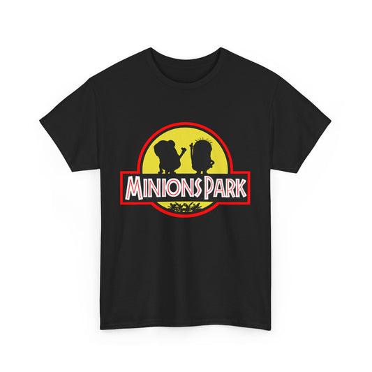 Minions Park Jurassic Park Mashup Unisex Graphic T Shirt featuring playful Minions silhouettes and a vibrant design, perfect for fans who love funny T Shirts.