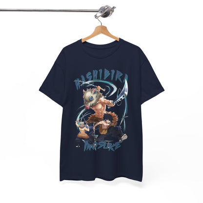 Stylish Hashibira Inosuke-inspired T-shirt elegantly hung on a wooden hanger against a minimalistic backdrop, showcasing vibrant character designs, ideal for statement fashion.