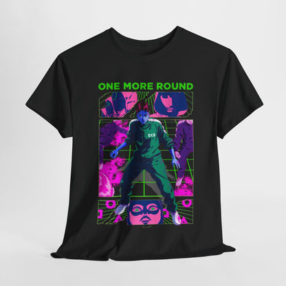 Stylish black graphic T-shirt featuring a vibrant design inspired by a popular survival game, showcasing bold colours and intricate artwork with the phrase 'One More Round' prominently displayed.