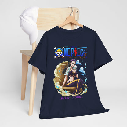 Chic men's navy blue t-shirt with a captivating Nico Robin design from One Piece, showcased on a wooden chair alongside a white cap.