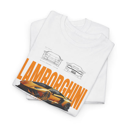 Folded luxury white t-shirt featuring Lamborghini Aventador graphics, elegant sketches, and orange text, perfect for showcasing a passion for high-end automobiles.