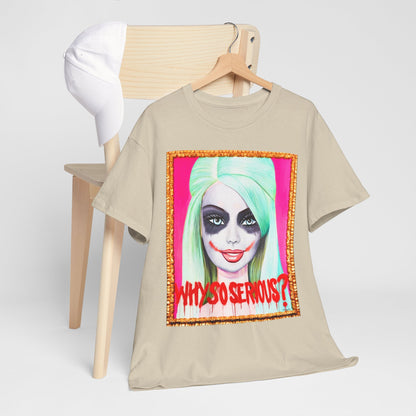 Chic women's graphic tee showcasing a Joker Barbie art print and the 'Why So Serious?' tagline, ideal for edgy fashion enthusiasts.