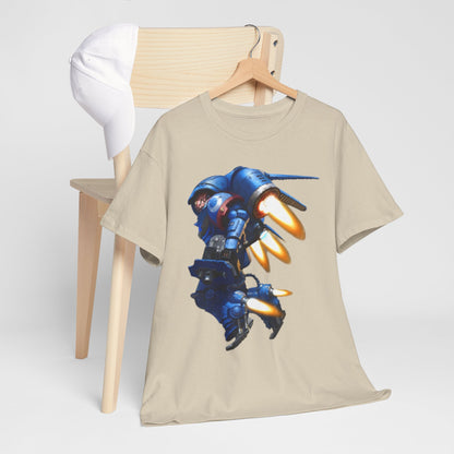 Elegant unisex graphic t-shirt featuring a striking blue mecha design with jet engines. Ideal for casual street style.