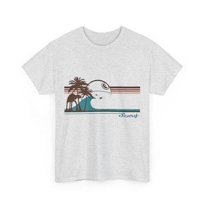 Luxury Tie Fighters Holiday on Serif Star Wars Rebel One Graphic Unisex Tee Shirt featuring a stylish palm tree and wave print on a light grey background.