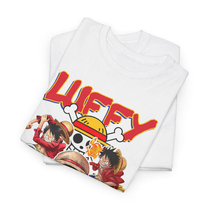 Luxurious white t-shirt elegantly displayed, adorned with a bold 'One Piece' graphic design featuring beloved characters, perfect for anime aficionados.