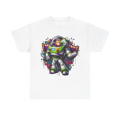 Buzz Lightyear Graffiti Unisex Graphic Tee – Vibrant Space Ranger Design in Relaxed Fit presented on a white tee, highlighting a striking, graffiti-style depiction of Buzz Lightyear with energetic splashes of colour.