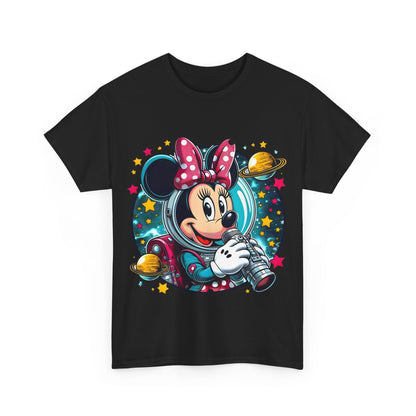 Front design of the stylish Blast Off with Minnie Mouse Unisex Graphic Tee Shirt featuring a vibrant graphic of Minnie Mouse in a space suit, perfect for Disney enthusiasts.