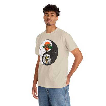 Luxurious unisex graphic tee featuring a captivating yin-yang design, showcasing an elegantly styled bonsai tree and a bold eagle, perfect for martial arts enthusiasts.