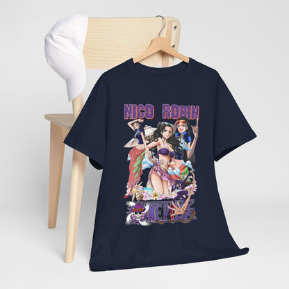 Stylishly displayed navy blue t-shirt laid over a chair, featuring a vibrant anime graphic of Nico Robin and friends, exuding a playful beach atmosphere.