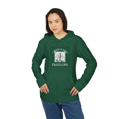 Fashionable portrayal of a model wearing the Adidas Women’s Fleece 'I Need a Good Paddling' Hoodie in green, ideal for outdoor adventures.