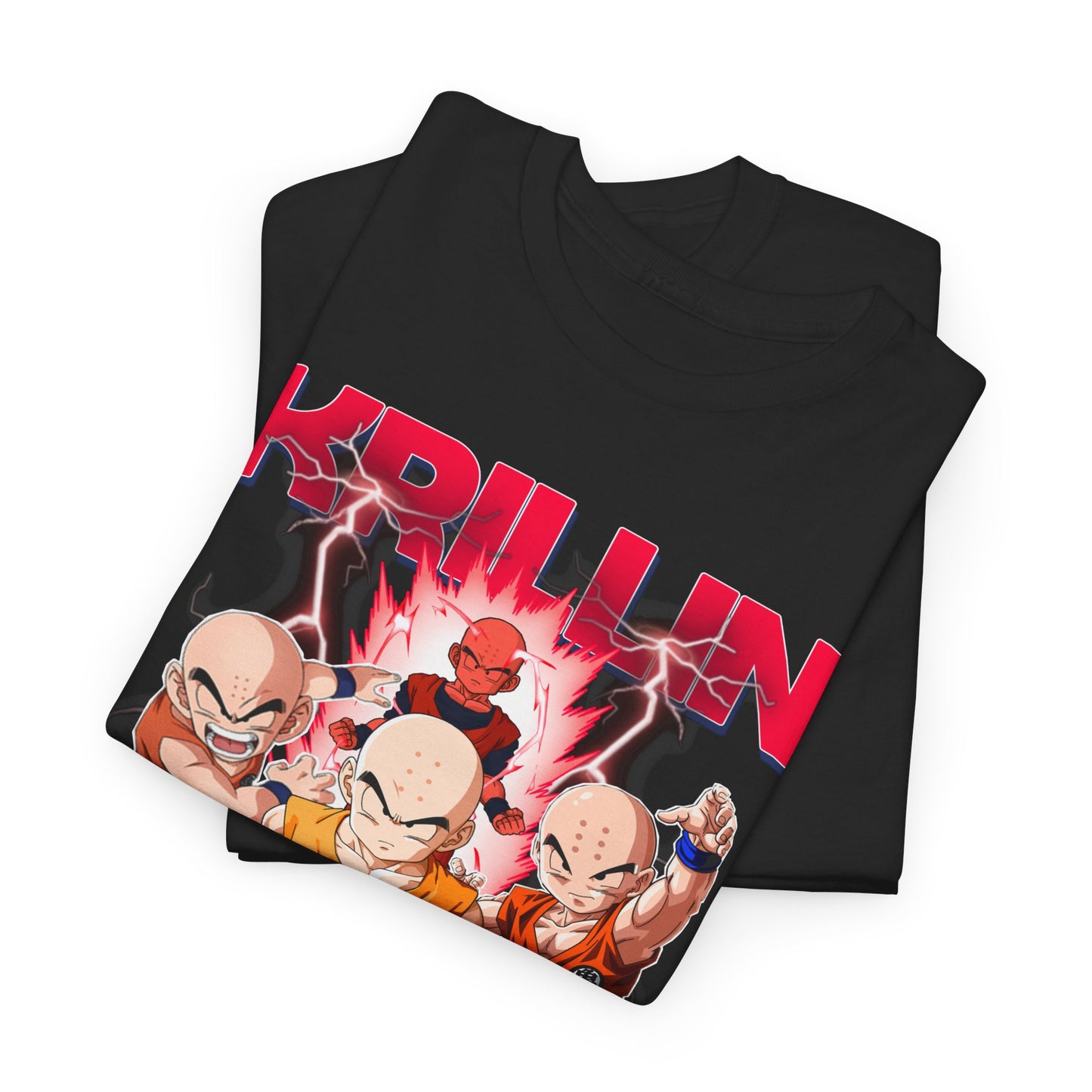 Artfully arranged Dragon Ball Z T-shirts in black, showcasing a bold Krillin graphic, presenting an impeccable blend of comfort and fan luxury.