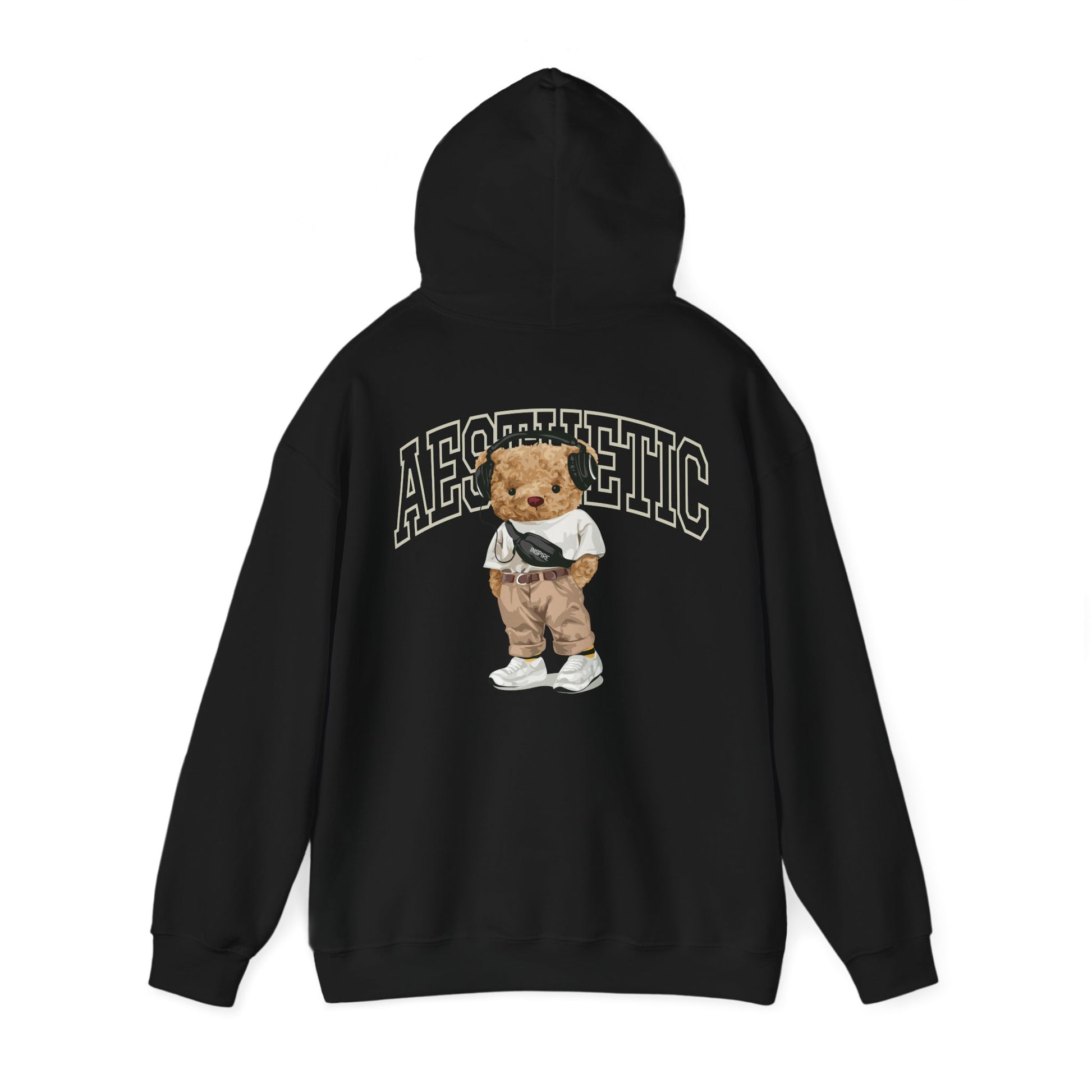 Back view of a luxury black hoodie featuring a cartoon teddy bear design with the word 'AESTHETIC' in bold lettering, perfect for a fashionable statement.