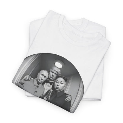 Premium quality t-shirt stacked elegantly, adorned with a humorous yet thought-provoking graphic of global figures, perfect for adding a touch of intrigue to your attire.