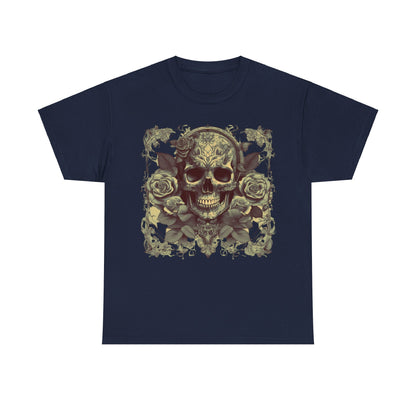 Luxurious navy version of the Skulls and Roses Cotton Tee featuring a captivating skull and rose graphic, perfect for alternative fashion enthusiasts. Skulls and Roses Cotton Tee, Unisex Graphic Shirt, 7 color choice.