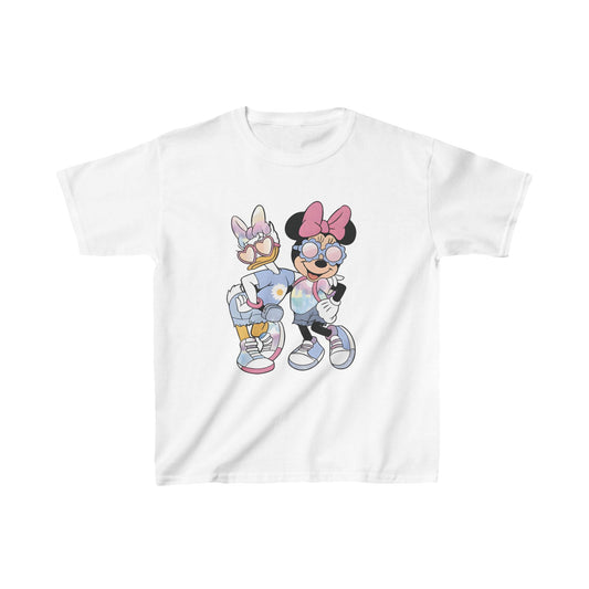 Unisex Kids Daisy Duck and Minnie Mouse Cotton T-Shirt Tee, showcasing delightful graphics of Daisy Duck and Minnie Mouse in vibrant colours on a classic white tee.