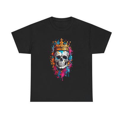 Elegant black t-shirt showcasing a striking stylized skull adorned with a golden crown and vivid paint splatters in blue, pink, and orange, ideal for a sophisticated look.