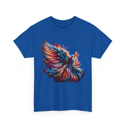 Majestic Angel Graphic Unisex T-Shirt – Vibrant Abstract Art in Premium Cotton, showcasing a stunning front graphic of a colourful angelic phoenix.