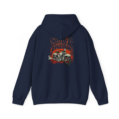 Luxurious navy vintage Harley Davidson hoodie with an eye-catching motorcycle print, embodying comfort and style for bike lovers.
