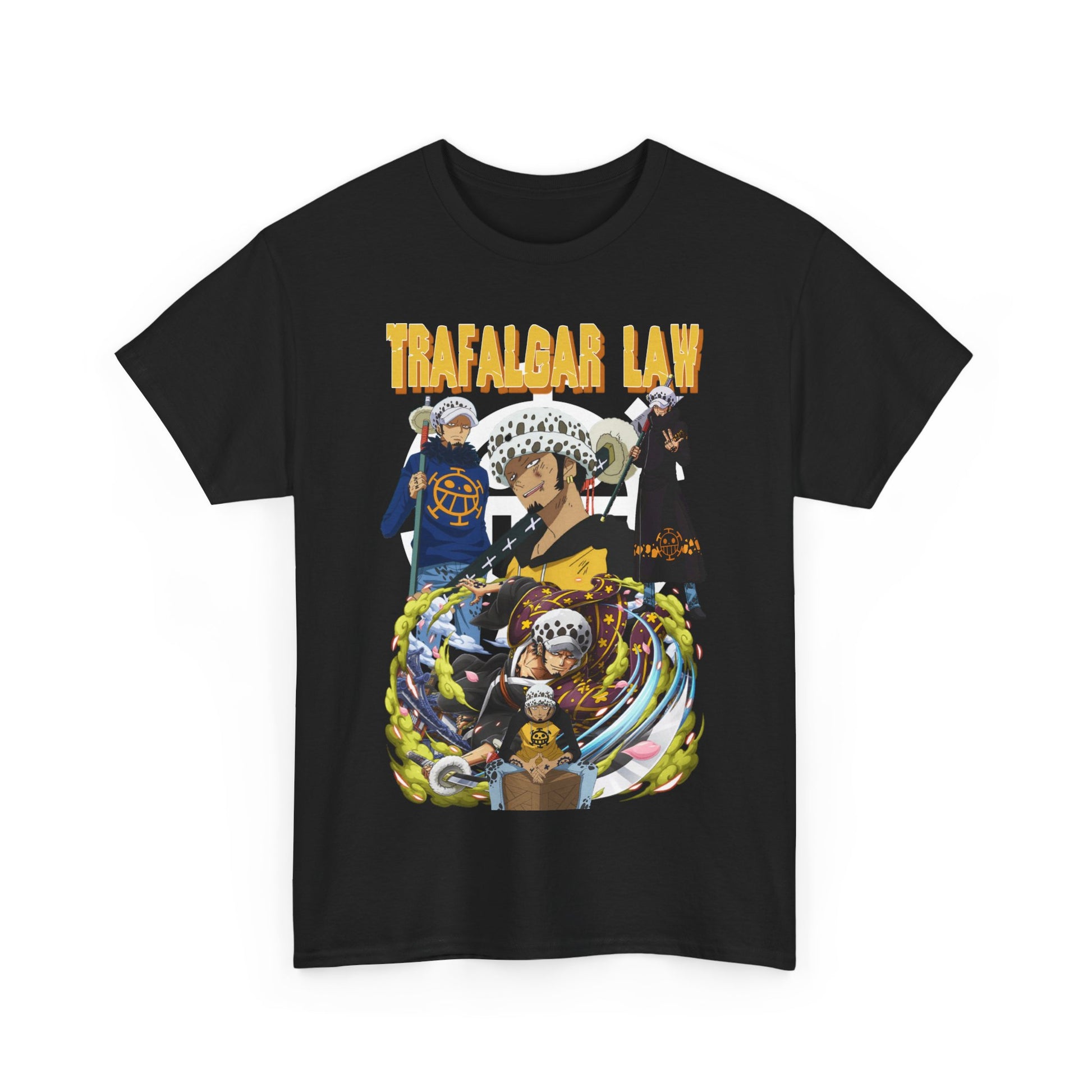 Chic black mens T-shirt featuring a striking graphic of Trafalgar Law from One Piece, designed for discerning anime lovers.