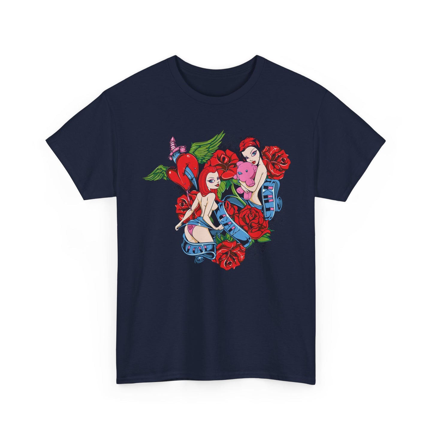 Luxurious graphic t-shirt featuring vibrant pin-up art with two stylish enchantresses surrounded by roses and hearts, perfect for a bold fashion statement.