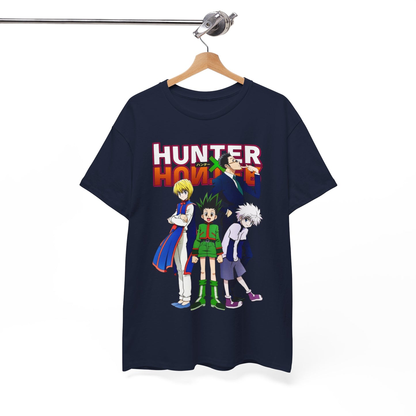 Stylish Hunter x Hunter T-shirt displayed on a hanger, showcasing a captivating artwork of beloved anime characters, perfect for discerning fans.