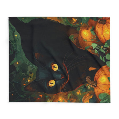 Beautiful Decorative and Warm Halloween Spooky Arctic Fleece Blanket showcasing an enchanting black cat surrounded by vibrant pumpkins, a perfect addition to your Halloween collection.