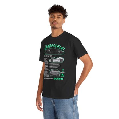 Lamborghini Aventador Men's T-Shirt featuring a bold graphic design showcasing the iconic supercar with striking typography that reads 'The King of Hell', presented on a black backdrop for a luxurious look.