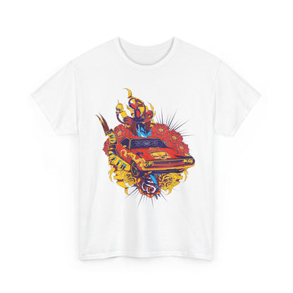 Luxury men's t-shirt featuring an intricate design of a vibrant red muscle car surrounded by ornamental floral elements and tattoo-style graphics against a crisp white background.
