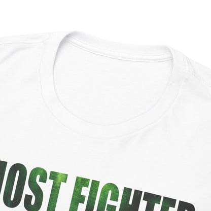 Close-up of a luxurious Ghost Fighter t-shirt neckline, showcasing high-quality fabric with exquisite print detailing, perfect for anime enthusiasts looking for comfort and style.