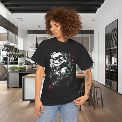 Stylishly presented Star Wars Stormtrooper Graphic T-Shirt worn by a model in a contemporary interior, showcasing urban chic and premium quality.
