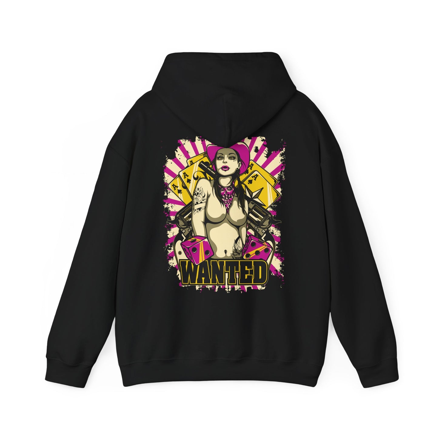 Elegant black hoodie featuring a striking back print design of a confident female character in a pink cowboy hat, showcasing vibrant graphics, playing cards, and dice, perfect for a bold fashion statement.