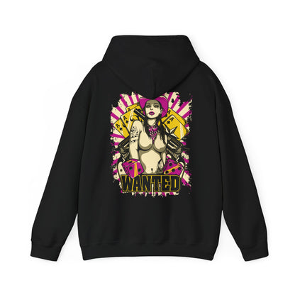 Elegant black hoodie featuring a striking back print design of a confident female character in a pink cowboy hat, showcasing vibrant graphics, playing cards, and dice, perfect for a bold fashion statement.