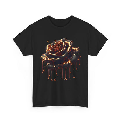 Front view of the Close-Up Abstract Rose Unisex Cotton Tee Graphic T Shirt in solid black, highlighting the intricate abstract rose graphic with flowing molten accents for a modern, luxury look.