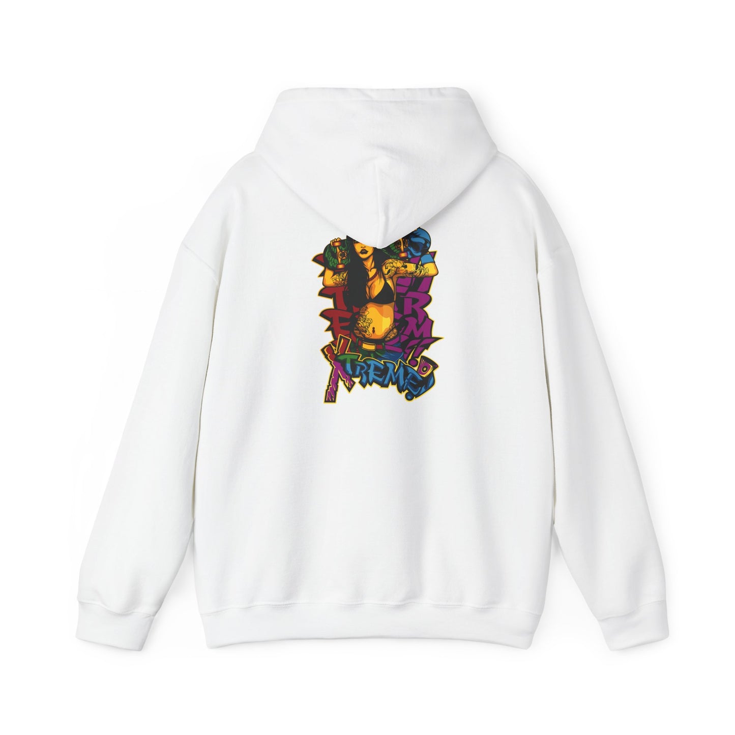 Luxurious white hoodie showcasing a vibrant skateboarder graphic design, featuring bold colours and dynamic street art elements, perfect for fashion-forward individuals who embrace urban culture.