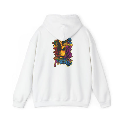 Luxurious white hoodie showcasing a vibrant skateboarder graphic design, featuring bold colours and dynamic street art elements, perfect for fashion-forward individuals who embrace urban culture.