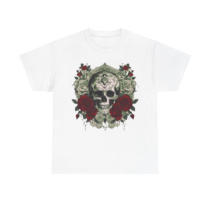 Front view of the classic white Skulls and Roses Cotton Tee, adorned with a captivating skull and rose graphic, exuding a unique style.
