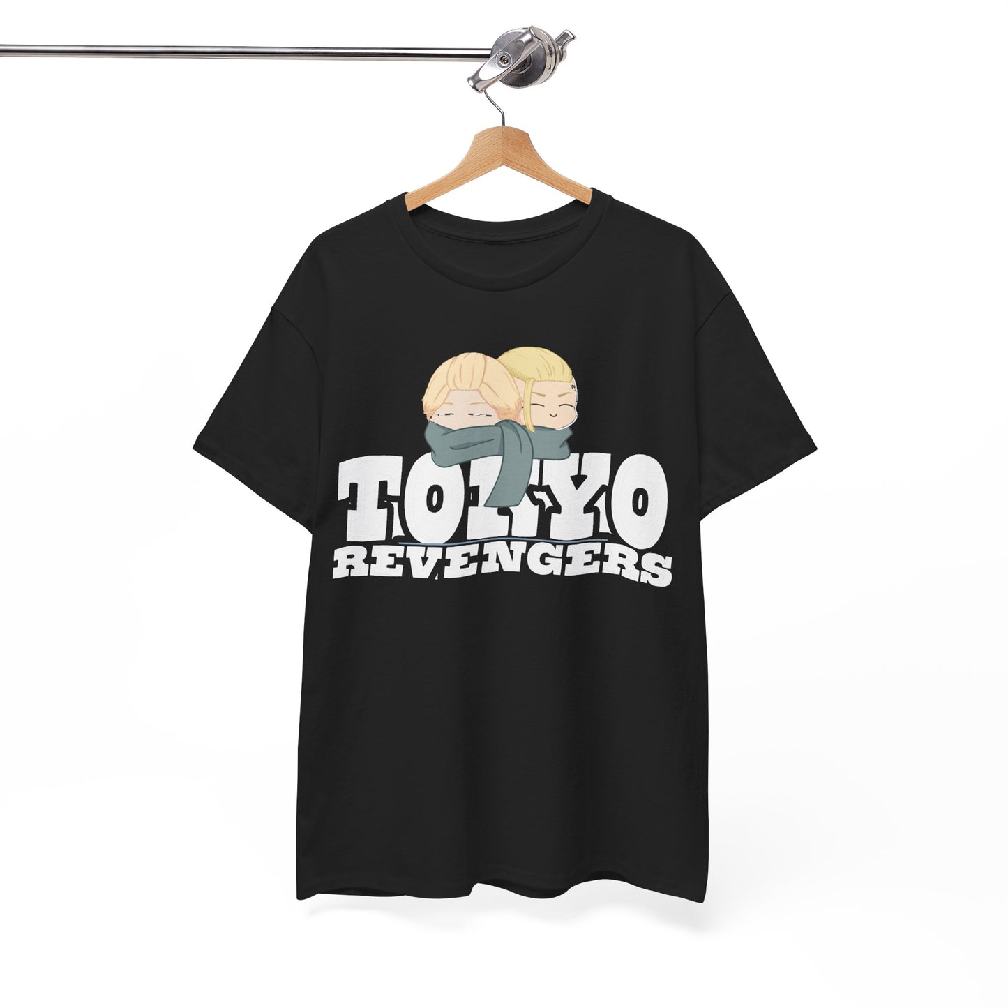Elegant display of the Tokyo Revengers t-shirt hanging on a premium wooden hanger, highlighting its artistic print and versatile black fabric.