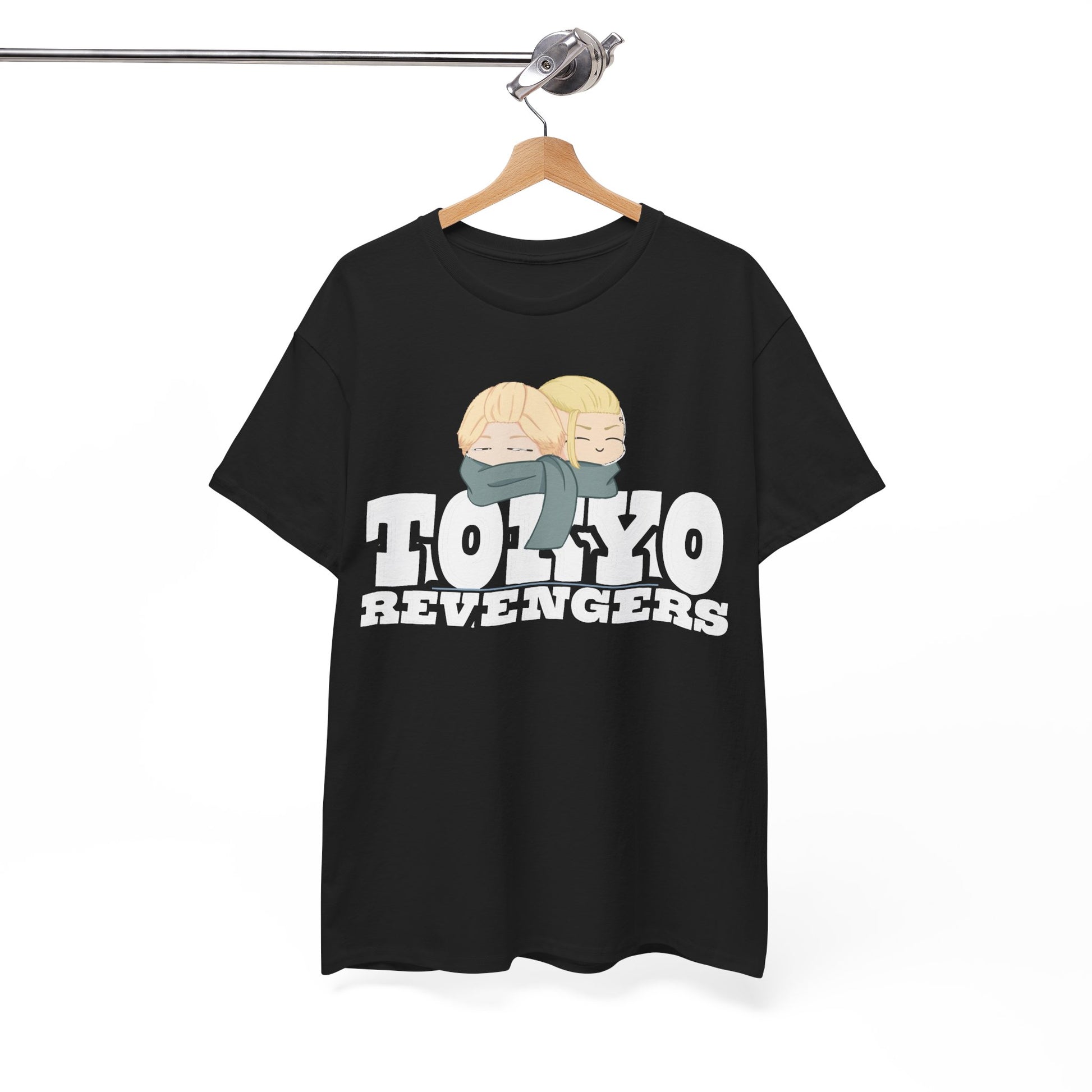 Elegant display of the Tokyo Revengers t-shirt hanging on a premium wooden hanger, highlighting its artistic print and versatile black fabric.