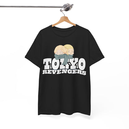 Elegant display of the Tokyo Revengers t-shirt hanging on a premium wooden hanger, highlighting its artistic print and versatile black fabric.