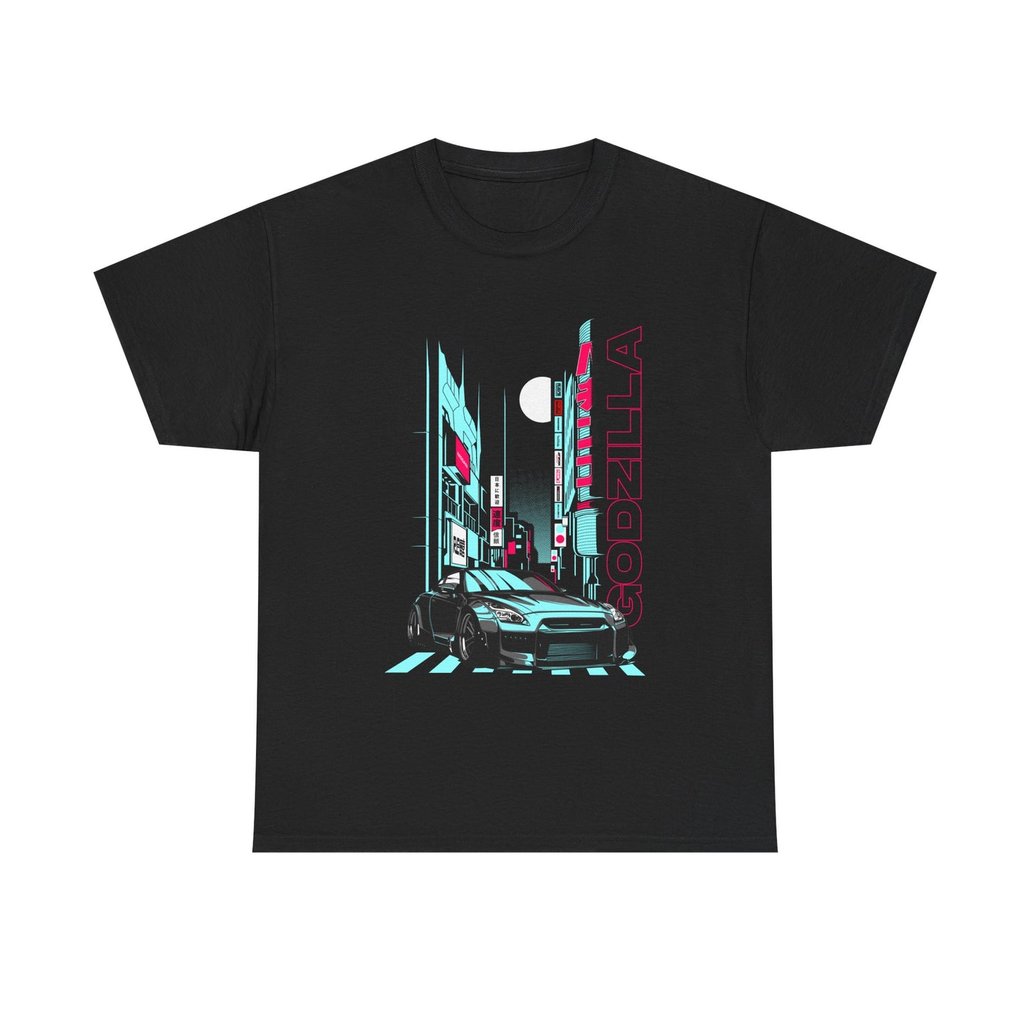 Elegant black men's graphic tee showcasing a striking illustration of a contemporary sports car set in a dynamic city environment, featuring bold 'GODZILLA' lettering, perfect for the stylish individual.