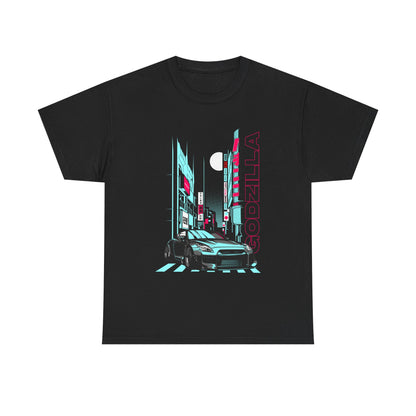 Elegant black men's graphic tee showcasing a striking illustration of a contemporary sports car set in a dynamic city environment, featuring bold 'GODZILLA' lettering, perfect for the stylish individual.