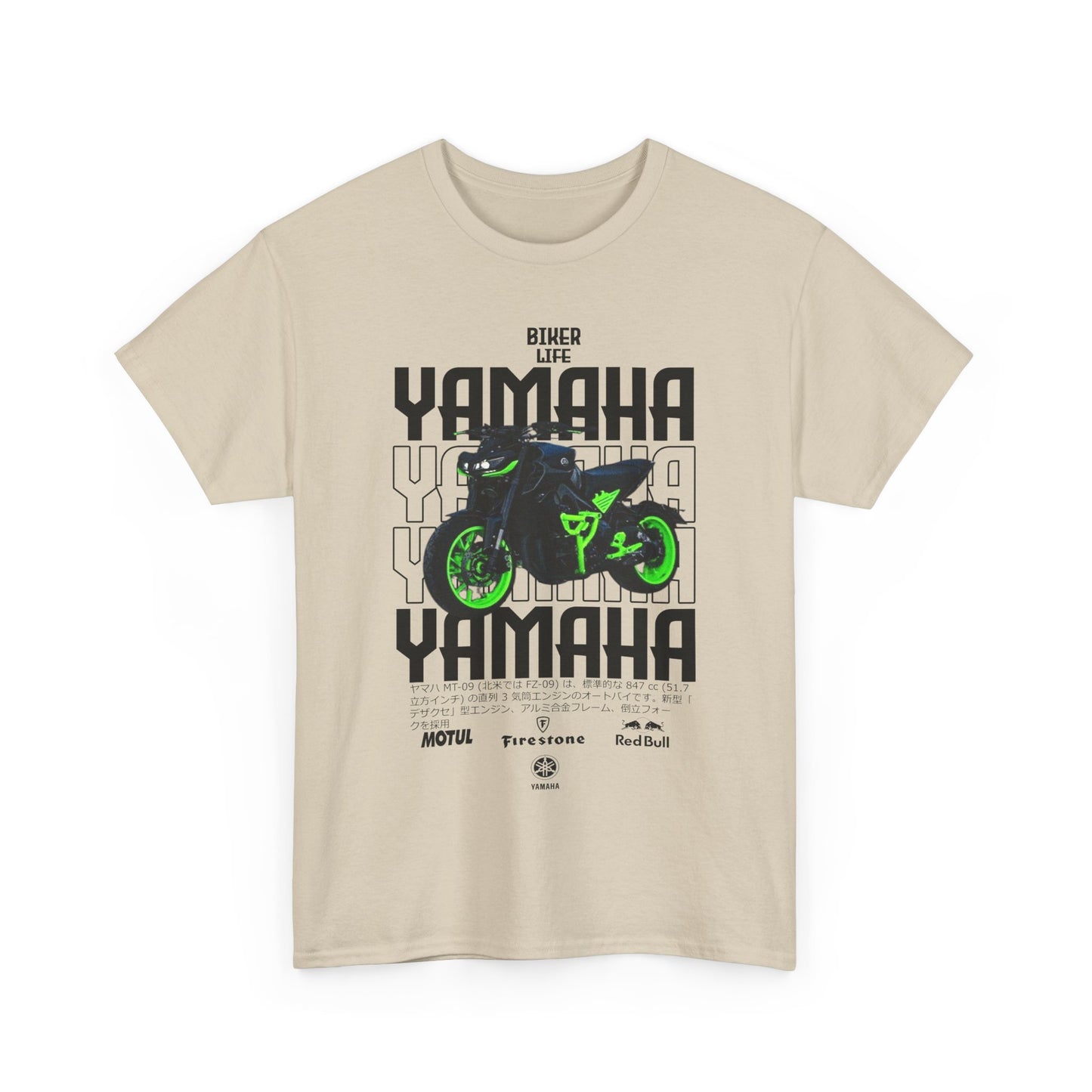 Tasteful beige T-shirt front view displaying a striking Yamaha graphic with vibrant green details and 'BIKER LIFE,' designed for motorcycle lovers.