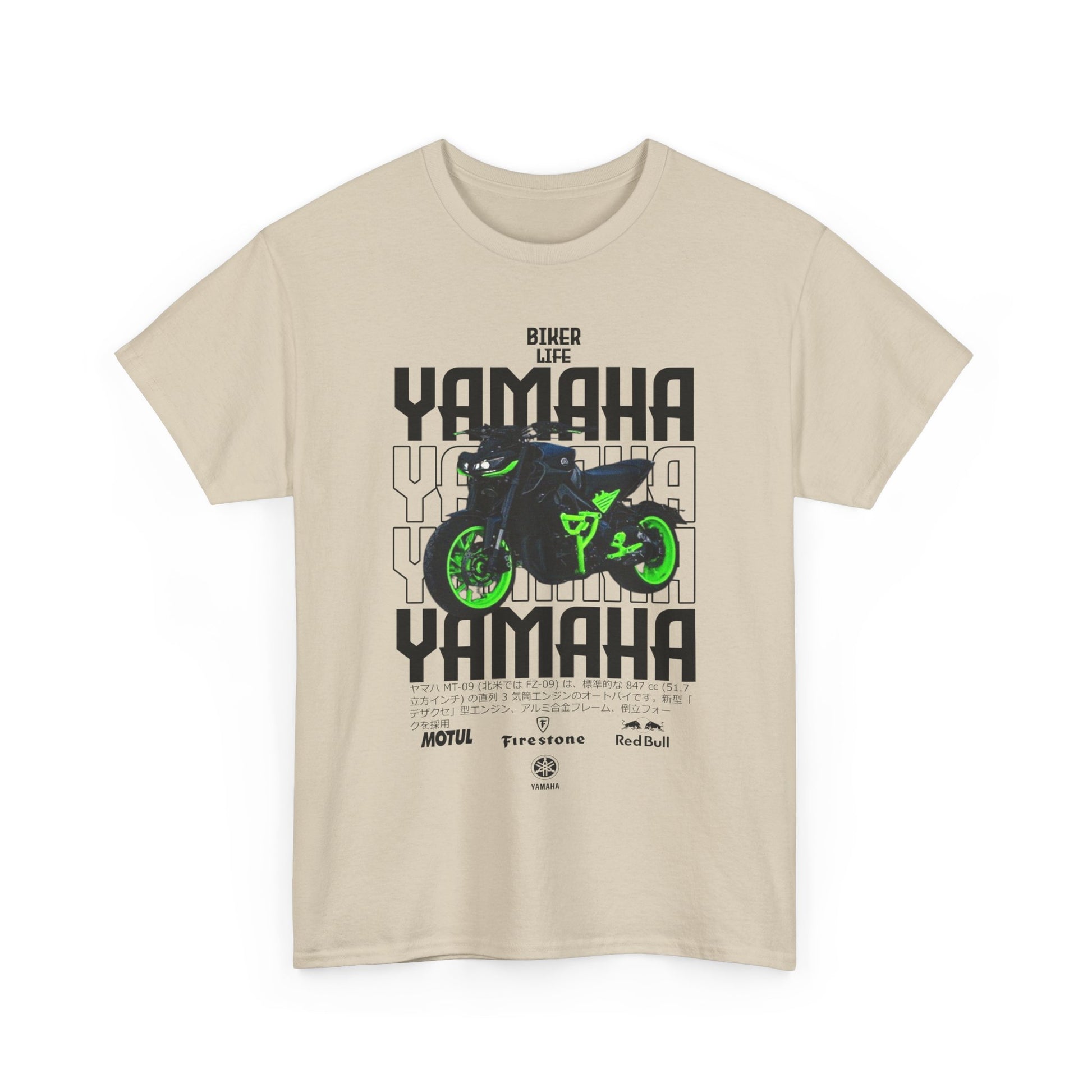 Tasteful beige T-shirt front view displaying a striking Yamaha graphic with vibrant green details and 'BIKER LIFE,' designed for motorcycle lovers.