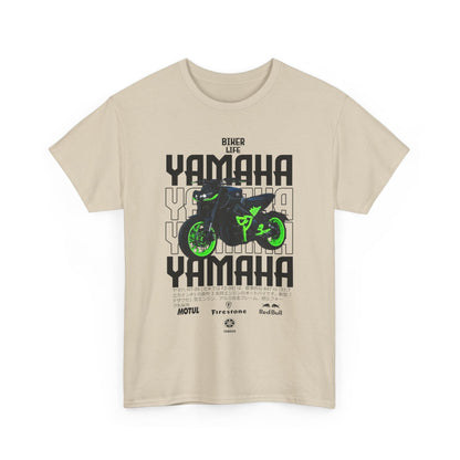 Tasteful beige T-shirt front view displaying a striking Yamaha graphic with vibrant green details and 'BIKER LIFE,' designed for motorcycle lovers.