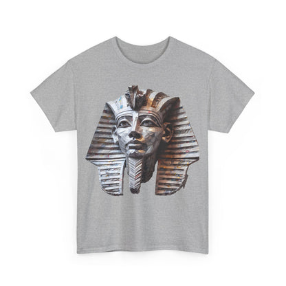Front view of a gray Pharaoh’s Gaze Unisex Graphic Tee featuring a prominent Egyptian design inspired by ancient art.