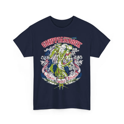 Elegant dark navy men's graphic t-shirt displaying an artistic wolf headdress design, embodying Native American heritage through exquisite and vibrant colour contrasts.