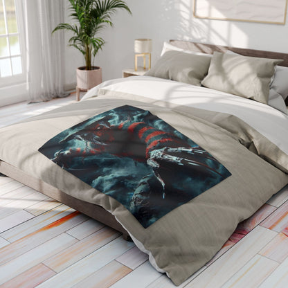 Stylish Halloween Freddy Krueger Nightmare On Elm Street Arctic Fleece Blanket artfully placed on a bed, enhancing the decor with its menacing design, perfect for a sophisticated spooky ambiance.