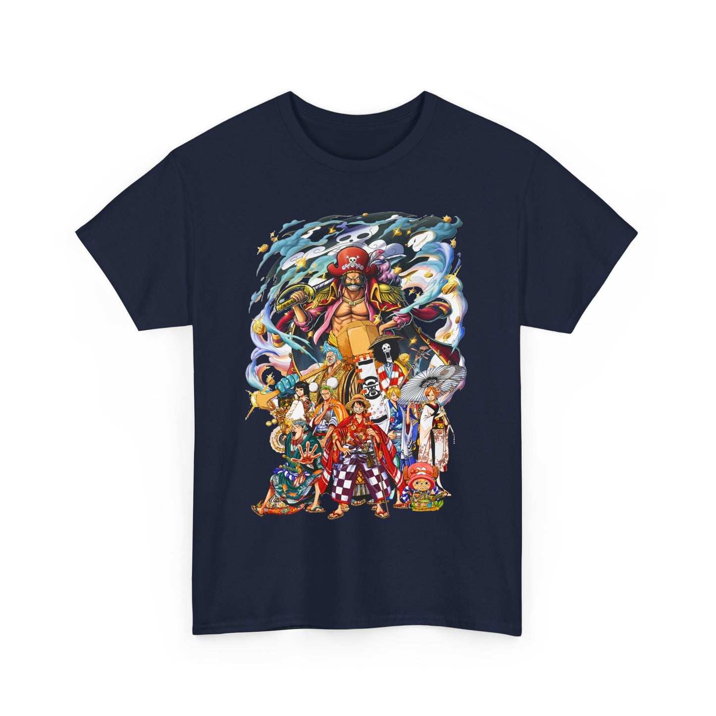 Luxurious navy T-shirt adorned with an eye-catching anime design, capturing the essence of adventure and style.